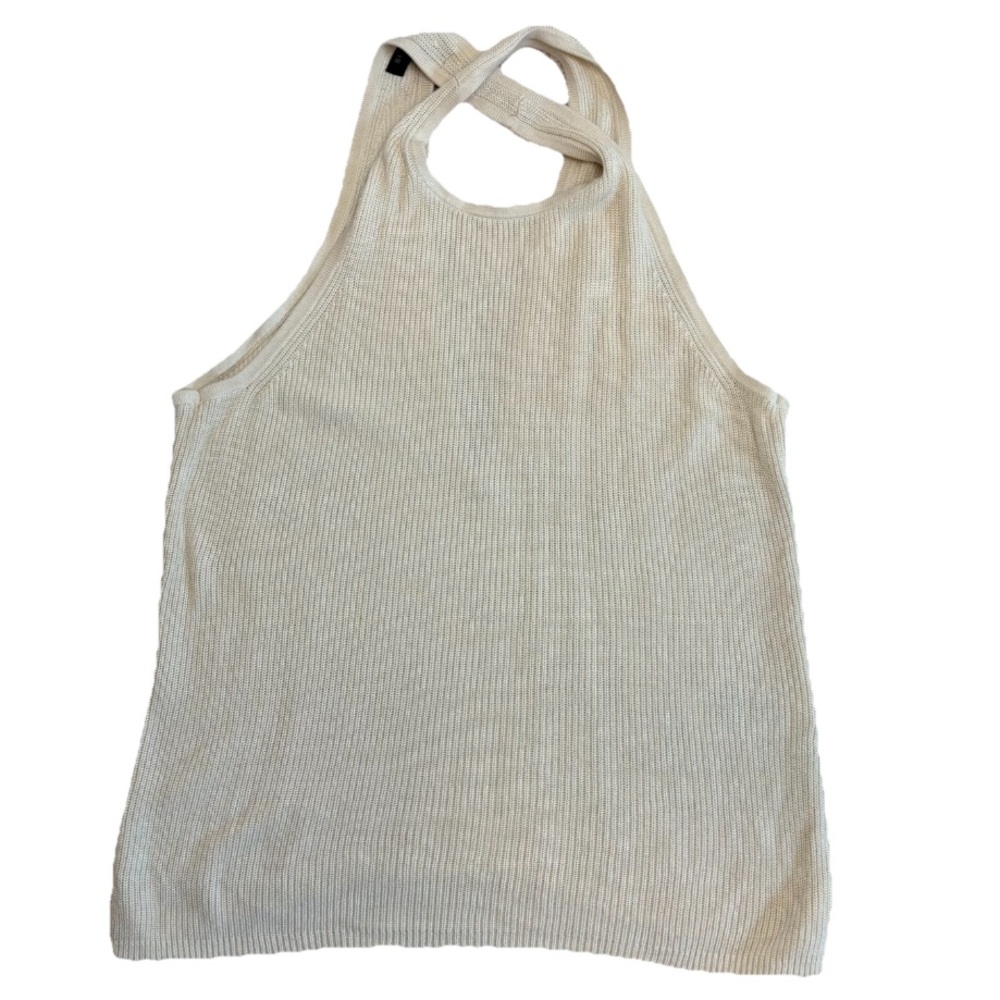 Banana Republic Factory Halter Tank Top Knit Ribbed Cream High Neck Low V Back S